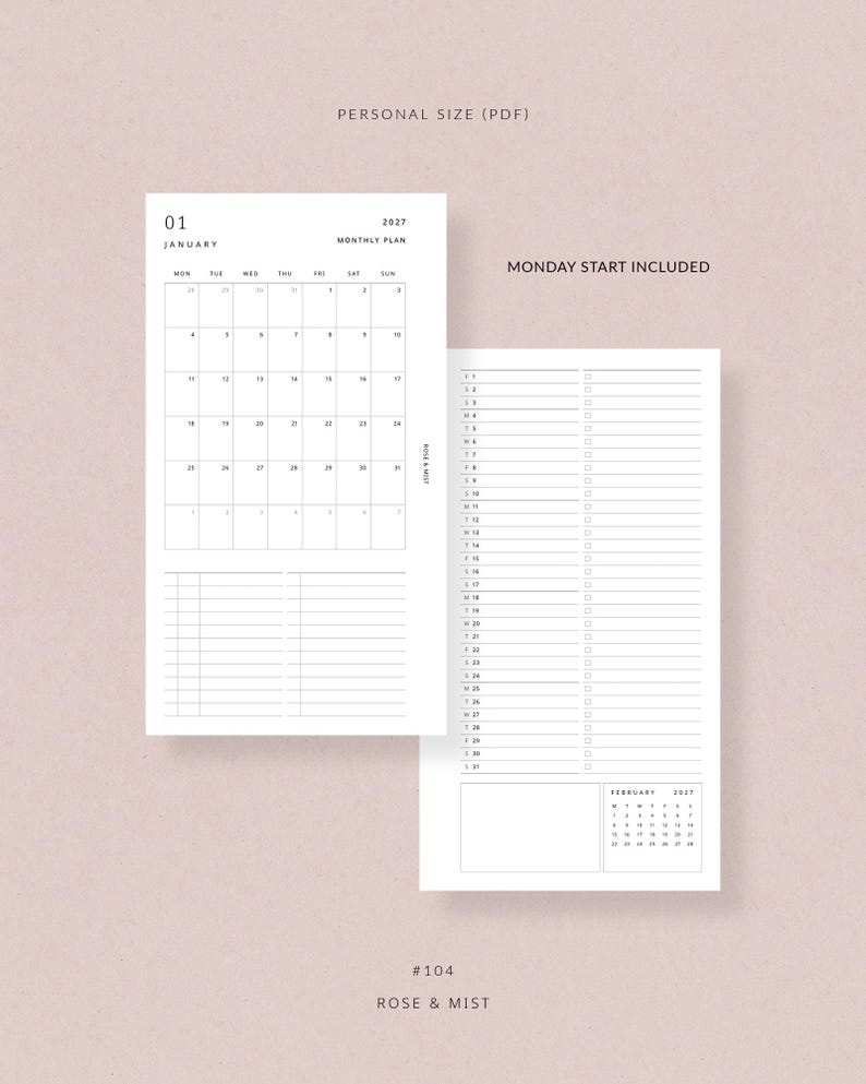 2027 monthly planner printable MO2P | Filofax Personal size planner inserts printable monthly planner, month at a glance planner printable image 8