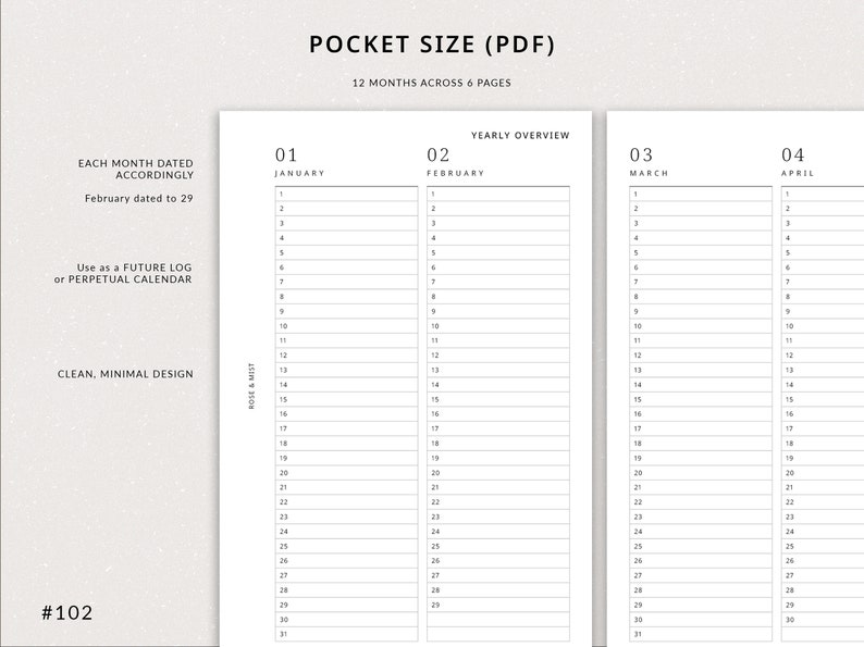 Minimal Yearly Planner Printable Pocket Planner Year at a Glance ...