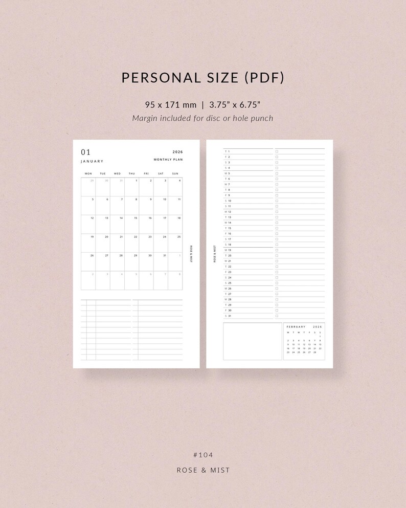 May include: A personal size PDF planner with a monthly calendar and to-do list layout. The planner is 3.75" x 6.75" and includes a January 2026 calendar. The design is minimalist with the text "PERSONAL SIZE (PDF)" at the top.