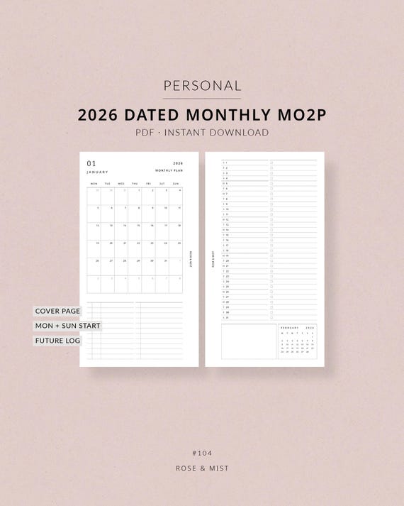 2026 monthly planner printable MO2P | Filofax Personal size planner inserts printable monthly planner, monthly at a glance planner printable