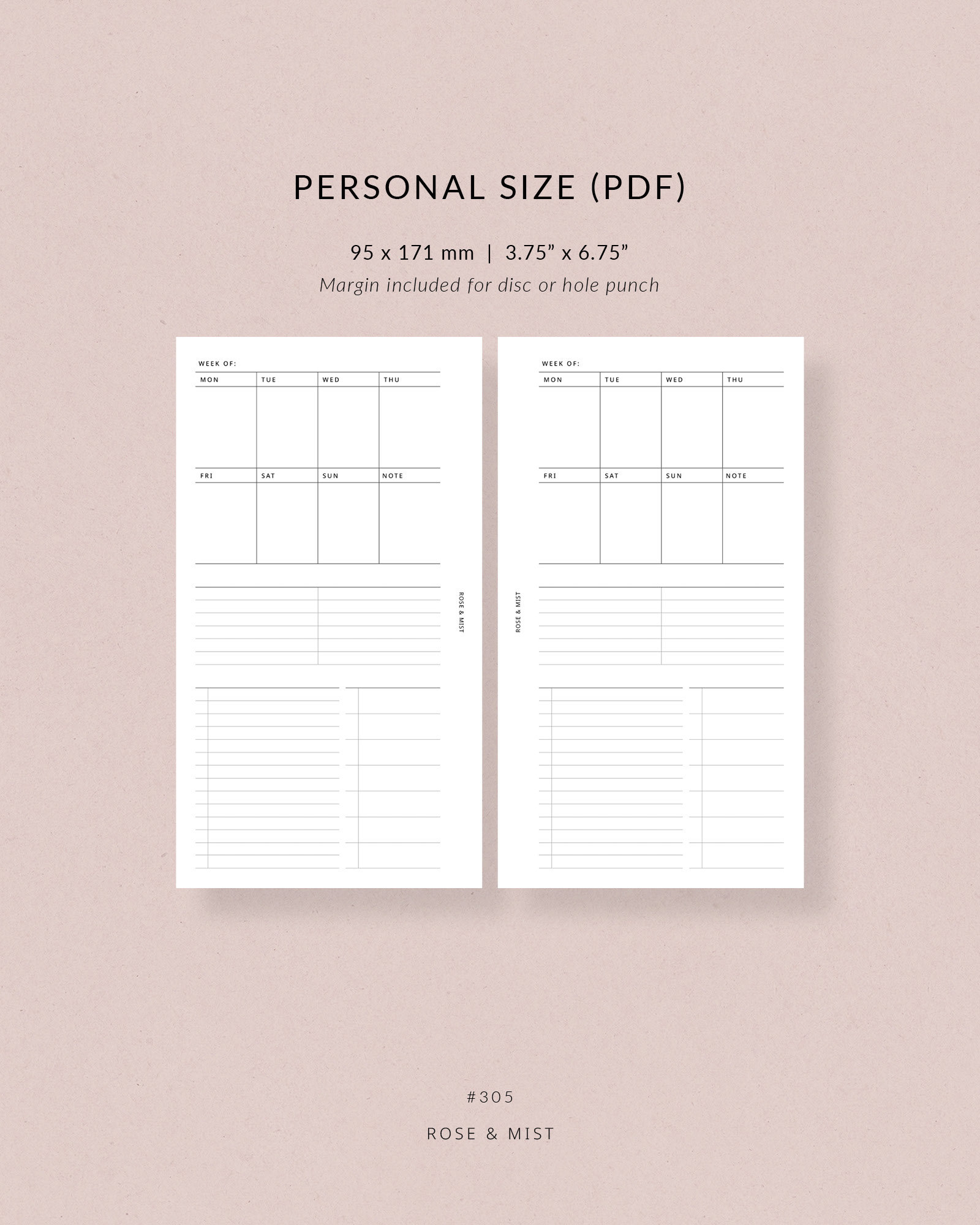 Weekly Overview WO1P Personal Printable Planner #305 Week on One Page ...