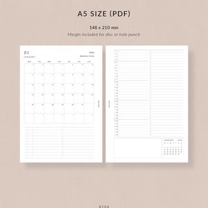 May include: A5 size PDF planner pages with a monthly calendar for January 2026 and a daily task list. The pages are white with black text. The dimensions are 148 x 210 mm. The text "ROSE & MIST" is at the bottom.