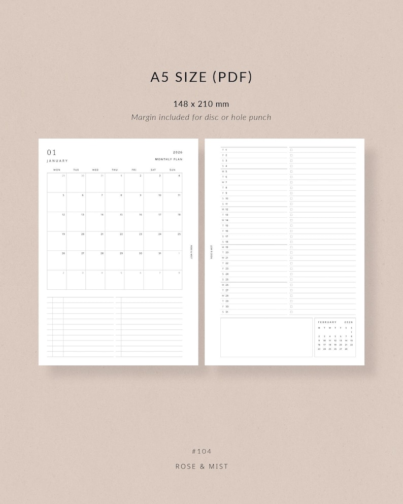 May include: A5 size PDF planner pages with a monthly calendar for January 2026 and a daily task list. The pages are white with black text. The dimensions are 148 x 210 mm. The text "ROSE & MIST" is at the bottom.