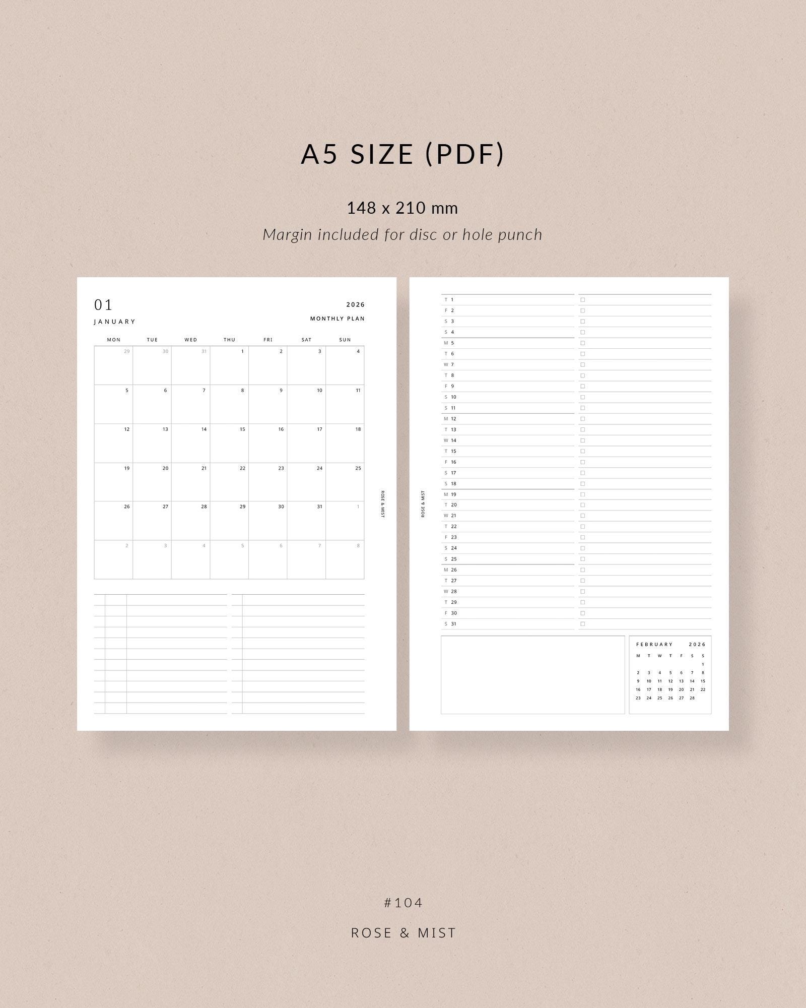 A5 2026 Monthly Planner Printable MO2P | A5 Monthly Planner Inserts ...