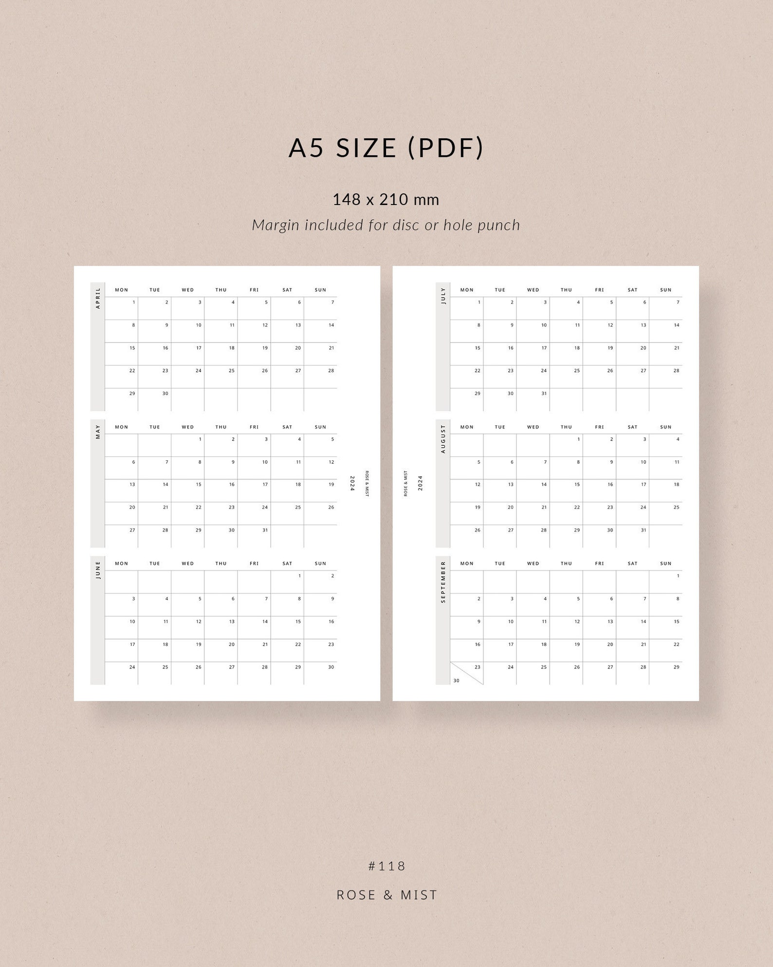 2024 Calendar, A5 Printable Planner Dated 2024 Planner, Calendar Year ...