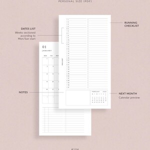 May include: A personal size PDF planner with a white background. The planner includes a dates list, running checklist, notes section, and a calendar preview for the next month. The text "PERSONAL SIZE (PDF)" is at the top.