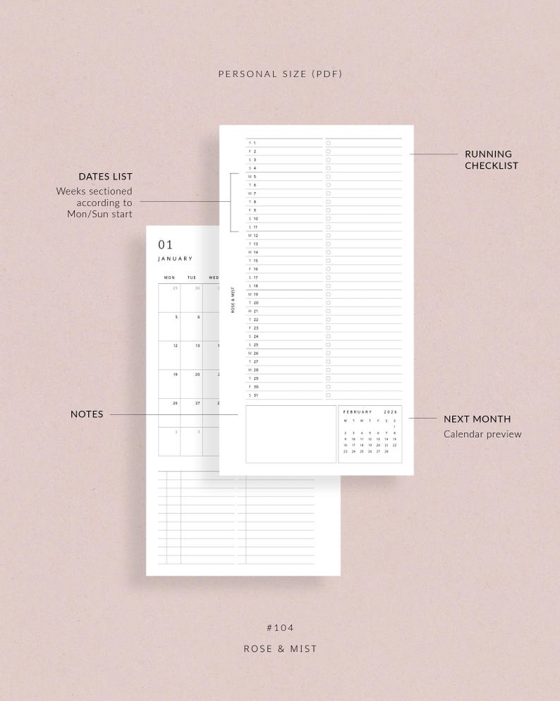 May include: A personal size PDF planner with a white background. The planner includes a dates list, running checklist, notes section, and a calendar preview for the next month. The text "PERSONAL SIZE (PDF)" is at the top.