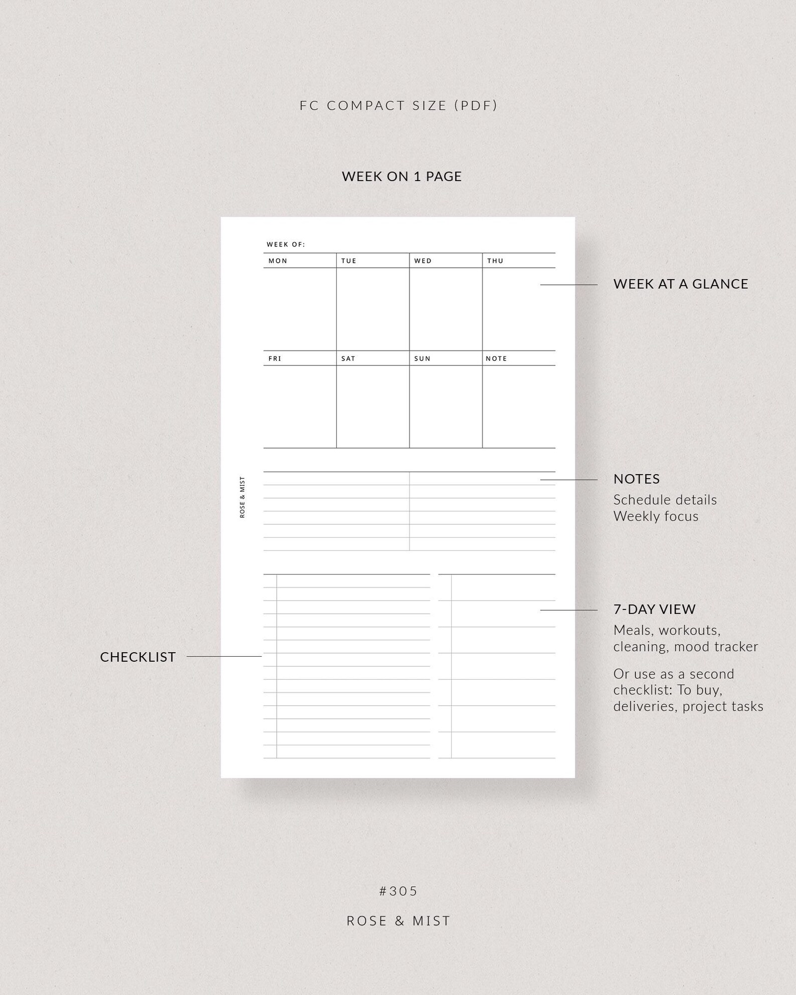 Weekly Overview WO1P #305 | FC Compact Printable Planner - FCC Weekly ...