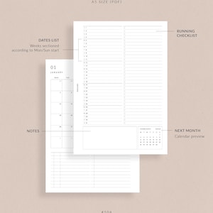 May include: A5 size PDF planner pages with a minimalist design. Features include a dates list, running checklist, notes section, and a calendar preview for the next month. The planner is labeled "Rose & Mist."