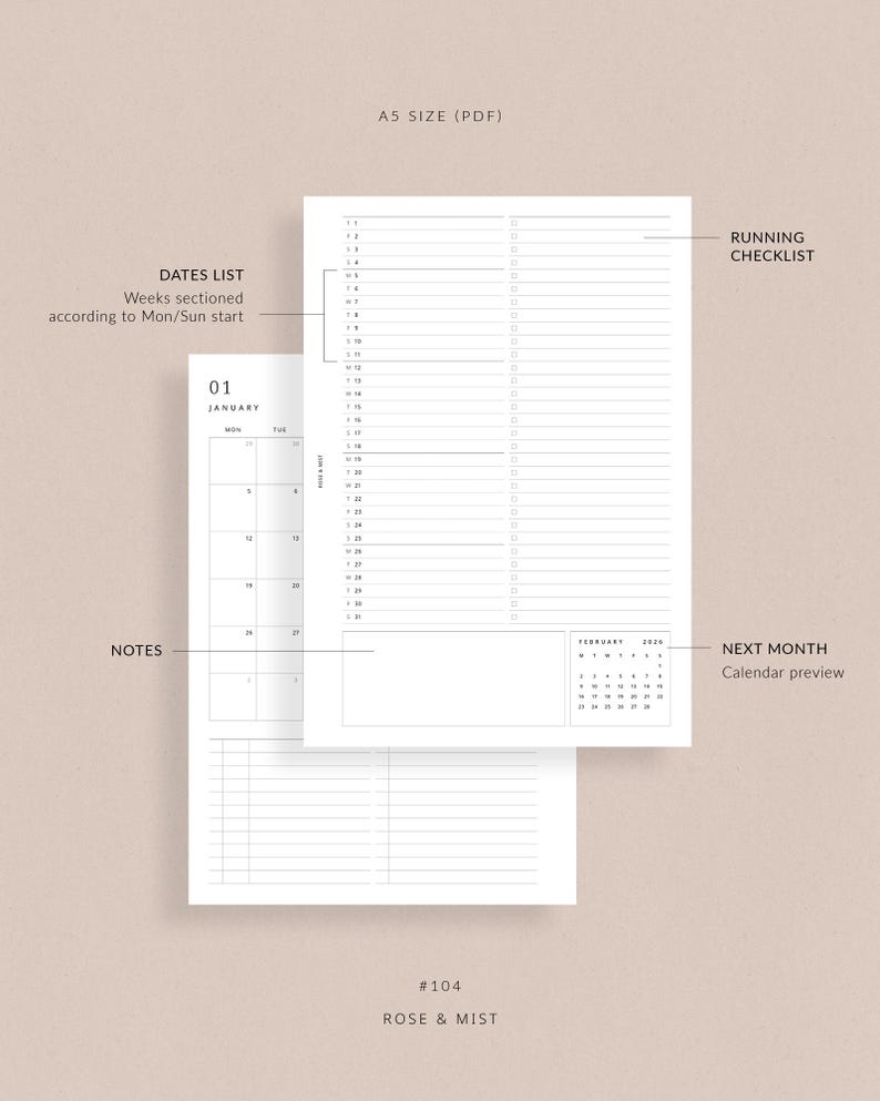 May include: A5 size PDF planner pages with a minimalist design. Features include a dates list, running checklist, notes section, and a calendar preview for the next month. The planner is labeled "Rose & Mist."