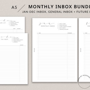 Monthly Inbox Bundle | A5 Planner Printable - Inbox tracker, Inbox checklist printable, Future list, A5 planner inserts, Categorized list