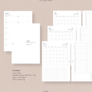 May include: A collection of minimalist printable planner pages in A5 size. The pages include a cover page, monthly layouts for 2026, a 2027 future log, and a page count of 26 pages. The design is in black and white with the text "ROSE & MIST".