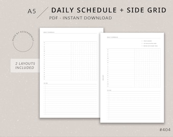 Programma giornaliero + Griglia laterale DO1P / A5 Planner Stampabile - Inserimento giornaliero, Giorno per pagina, Inserti pianificatore A5, Piano giornaliero non datato, Giornaliero orario
