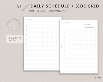 Daily Schedule + Side Grid DO1P | A5 Planner Printable - Daily insert, Day per page, A5 planner inserts, Undated daily plan, Hourly daily