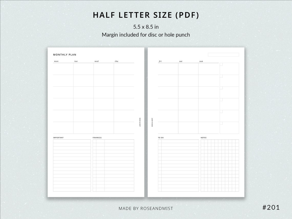 Monthly Planner Undated MO2P | Half Letter Printable Planner - Half ...