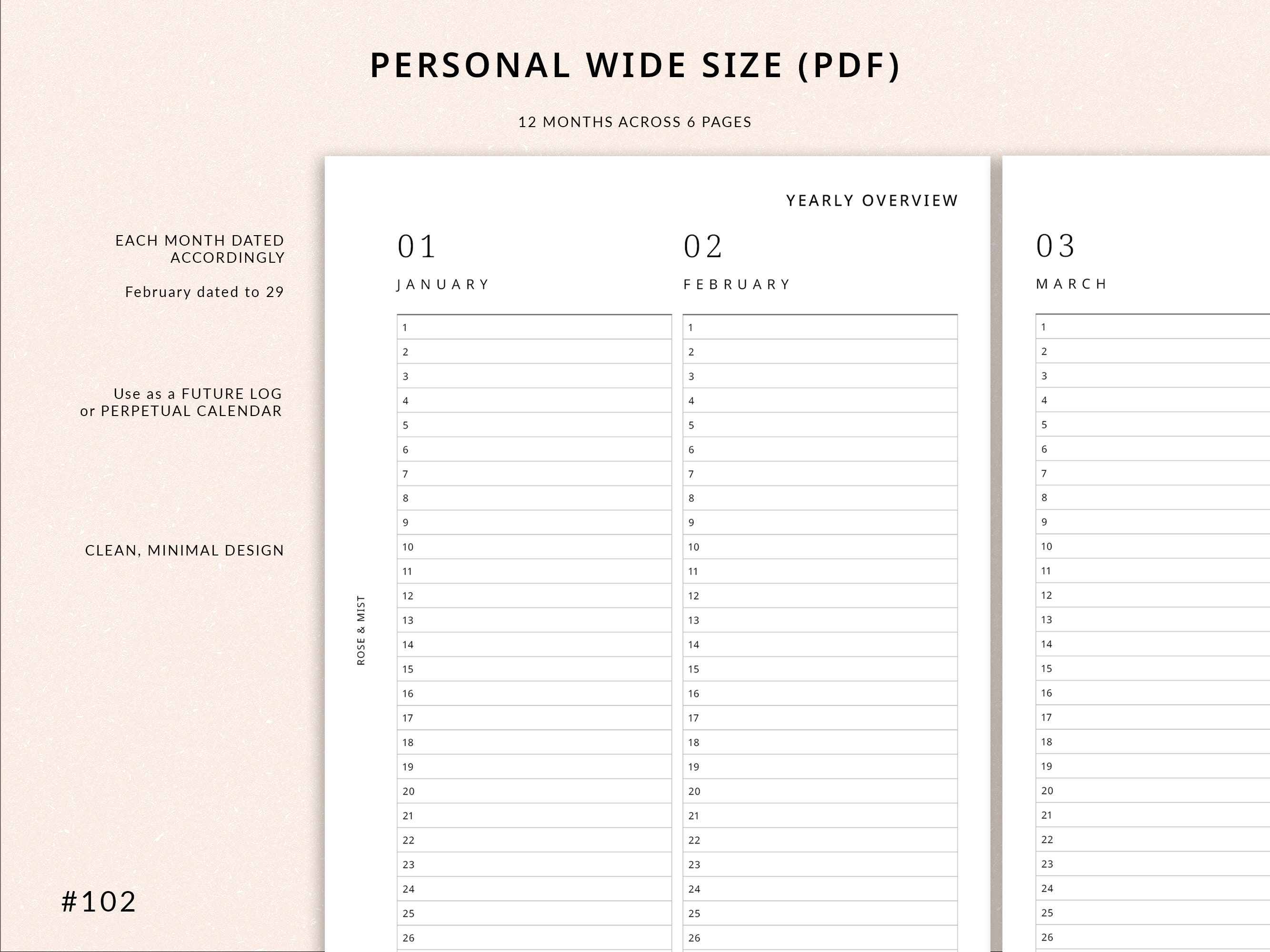 Yearly Overview Personal Wide Printable Planner Minimal Yearly Planner ...