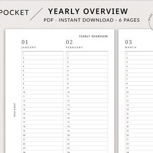 Minimal Yearly Planner Printable | Pocket Planner - Year at a glance, Perpetual calendar, Undated yearly, Filofax pocket, Yearly overview