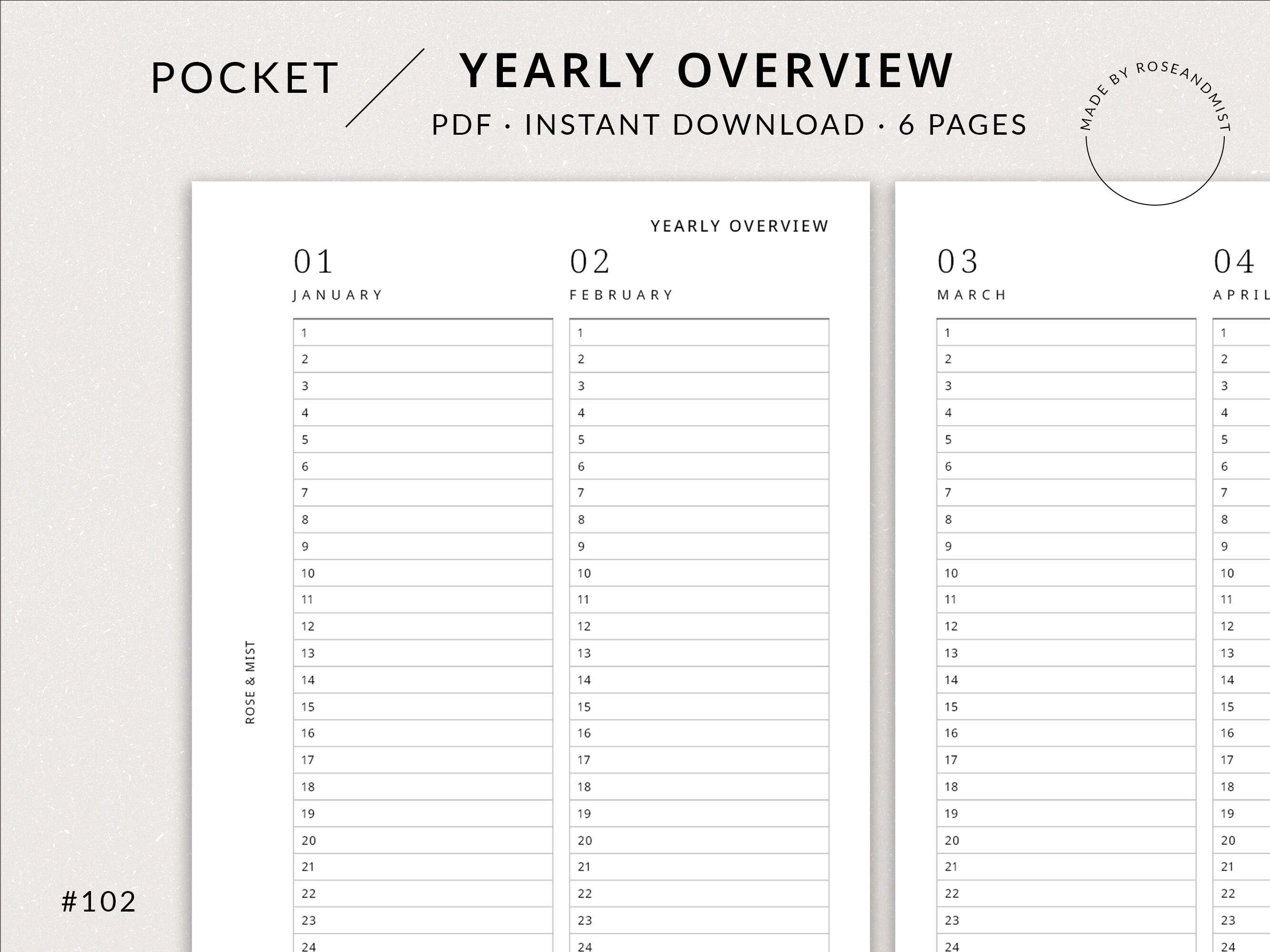 Minimal Yearly Planner Printable | Pocket Planner - Year at a Glance ...