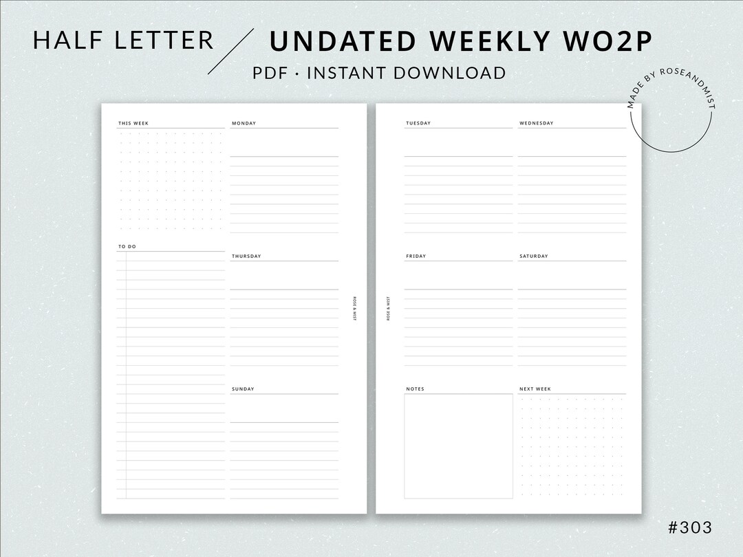 Weekly Planner WO2P | Half Letter Printable Planner - Undated Planner ...