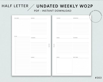 Planejador Semanal WO2P | Planejador de meia carta para impressão - planejador sem data, divulgação semanal, layout semanal, planejador de meia carta simples semanalmente