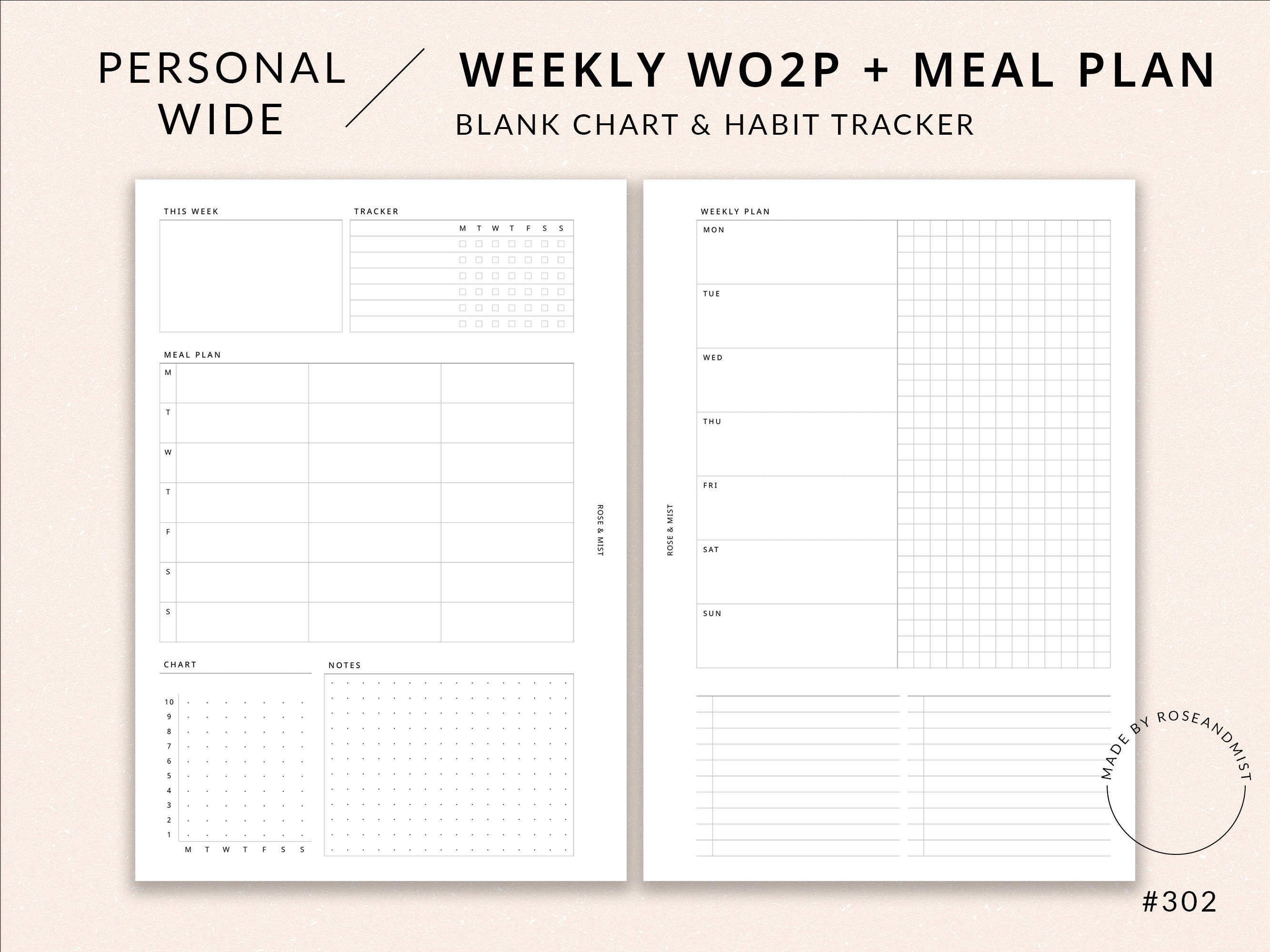 Weekly Planner + Meal Planner WO2P | Personal Wide Printable Planner ...