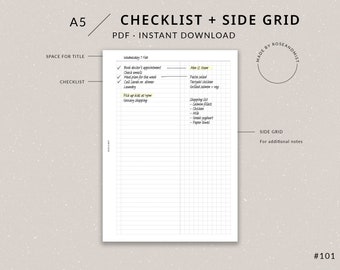 A5 Checklist with Side Grid Notes | A5 Planner Printable - To do list printable, Checklist printable, A5 inserts, A5 planner inserts