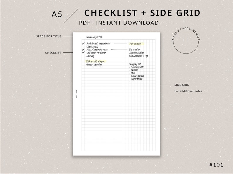 May include: A printable checklist and side grid template in PDF format. The checklist is labeled "Wednesday 7 Feb" and includes tasks like "Book doctor's appointment", "Check emails", and "Grocery shopping". The side grid is labeled "After 7 (home)" and includes a list of items like "Pasta salad", "Teriyaki chicken", and "Salmon fillets".