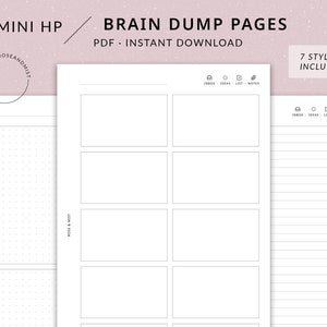 May include: A printable PDF download of seven different brain dump page styles. The pages include sections for inbox, ideas, lists, and notes. The pages are designed in a minimalist style with black text and lines on a white background.