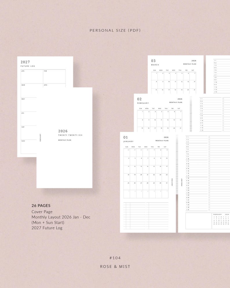 May include: A collection of white planner pages with a minimalist design. The pages include monthly layouts for 2026, a future log for 2027, and a cover page. The text "PERSONAL SIZE (PDF)" is at the top.