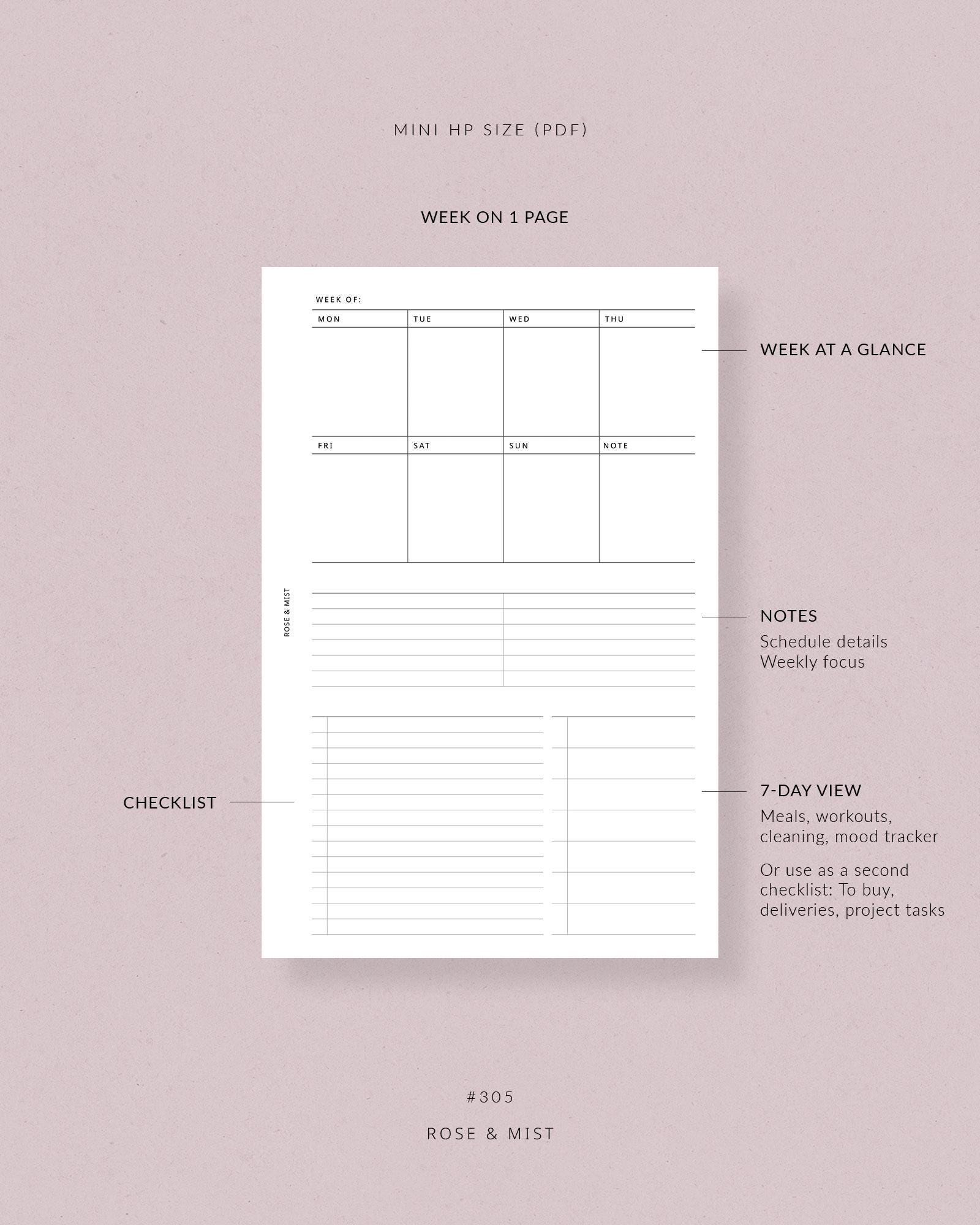 Weekly Overview WO1P #305 | Mini HP Printable Planner Weekly Printable ...