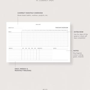 May include: A printable compact monthly planner with a grid for daily, weekly, and monthly tracking. The planner includes sections for notes and an extra row for tracking days of the week. The planner is designed in a minimalist style with a black and white color scheme.