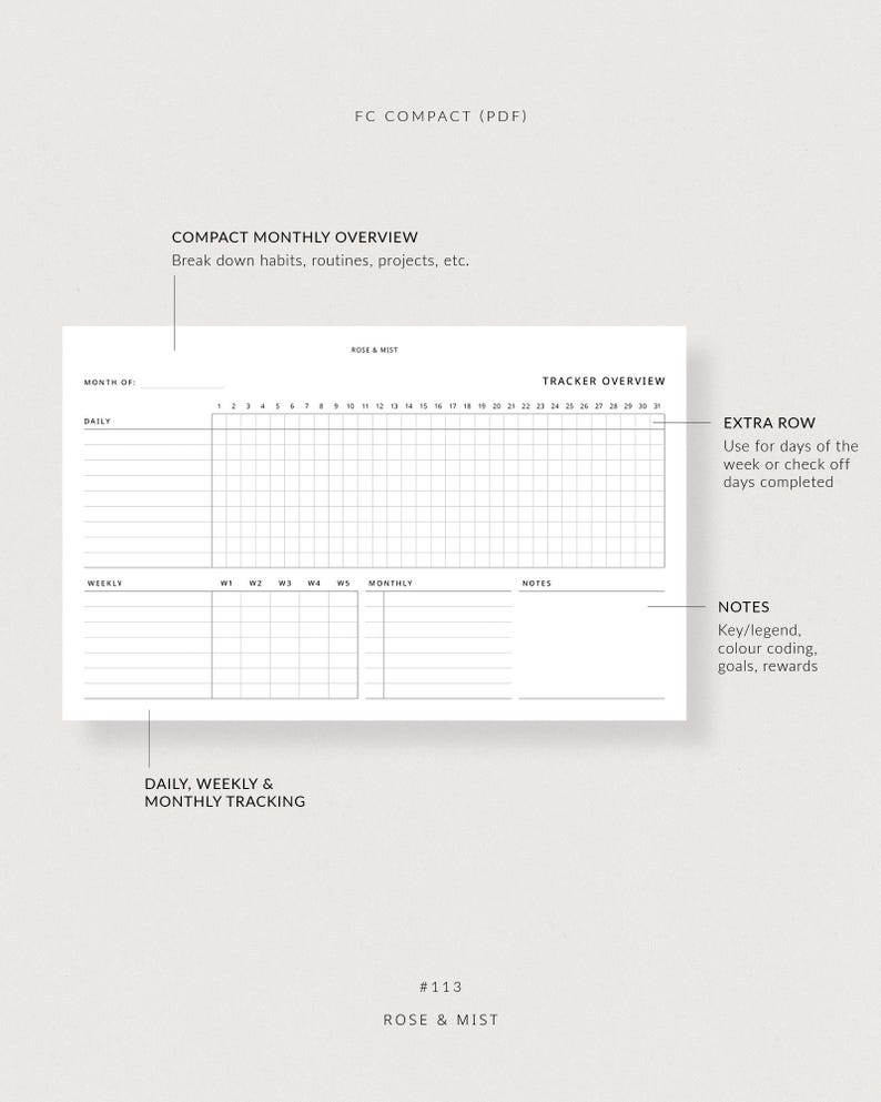 May include: A printable compact monthly planner with a grid for daily, weekly, and monthly tracking. The planner includes sections for notes and an extra row for tracking days of the week. The planner is designed in a minimalist style with a black and white color scheme.