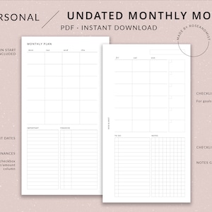 Könnte beinhalten: Ein druckbarer Monats-Planer mit Abschnitten für wichtige Termine, Finanzen, To-Do-Listen, Notizen und eine Checkliste. Der Planer ist undatiert und enthält ein Notizraster und Kontrollkästchen.