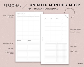 Maandelijkse Planner Ongedateerde MO2P | Personal Printable Planner - Maand in een oogopslag, Maandelijks overzicht, Bill tracker, Filofax persoonlijke maat inserts