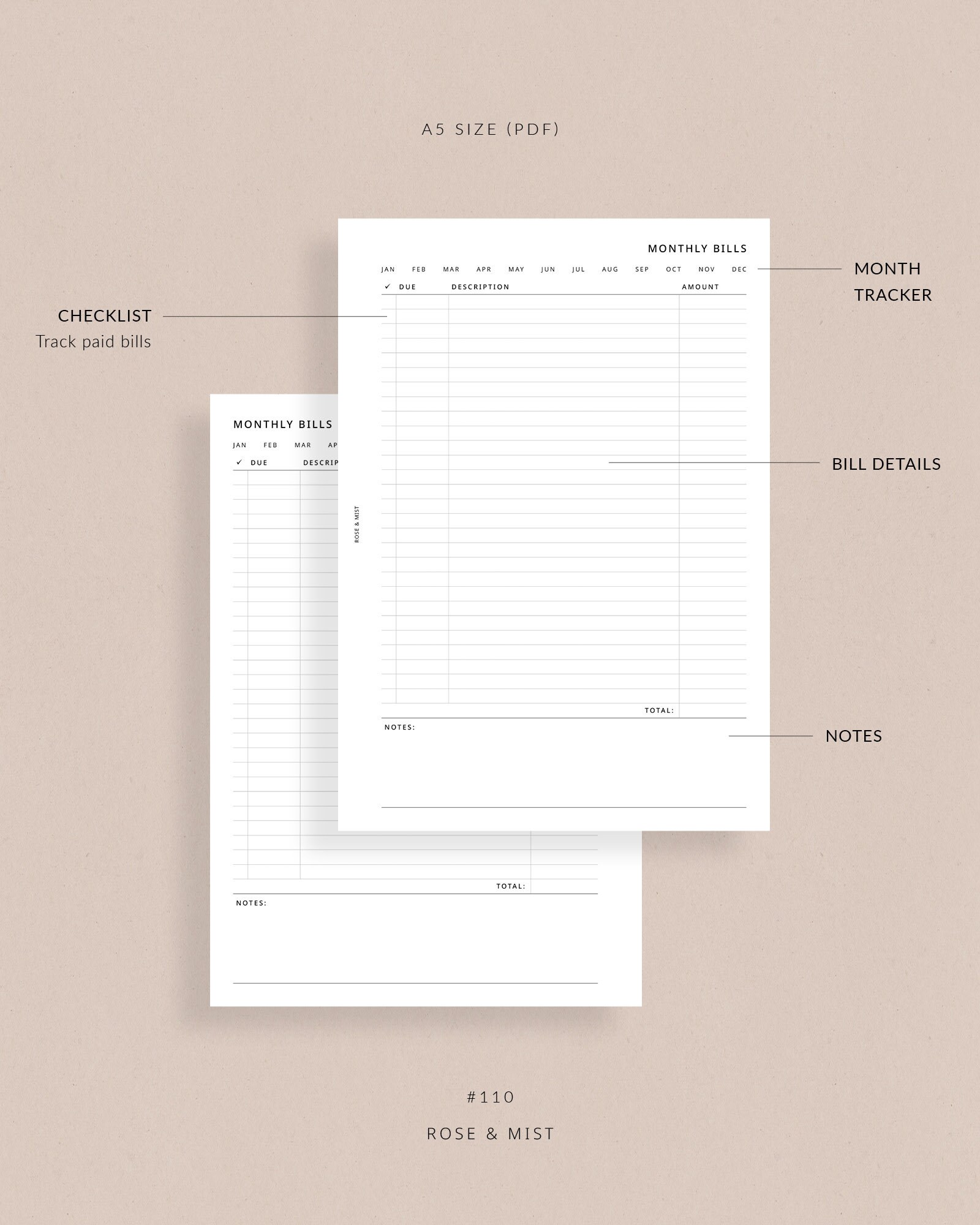 Monthly Bills Tracker A5 Planner Printable A5 Monthly Bill Tracker ...