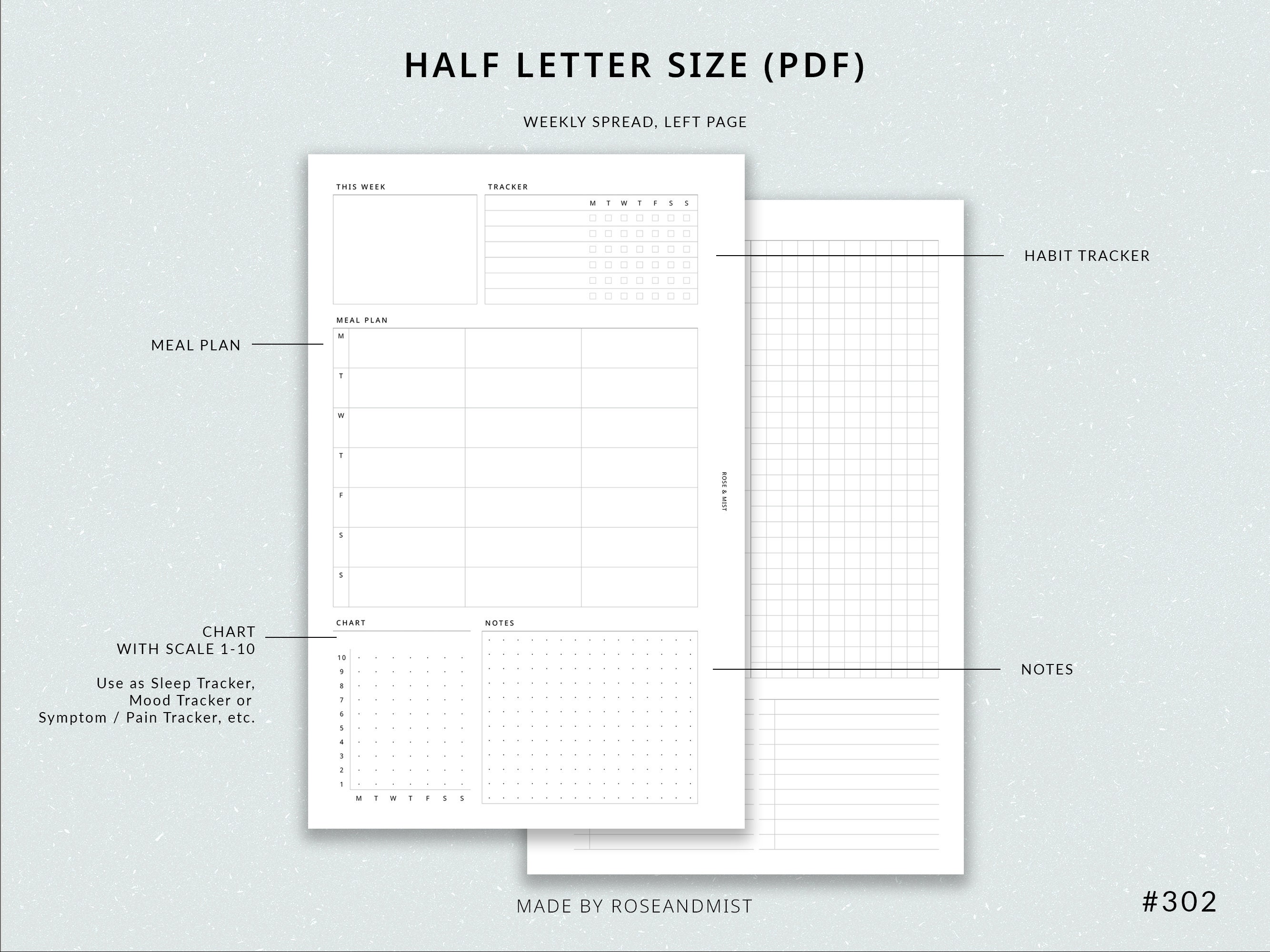 Weekly Planner + Meal Planner WO2P | Half Letter Printable Planner ...