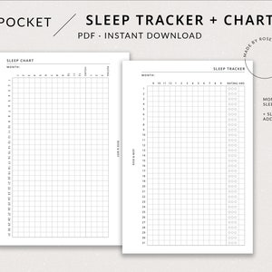 Puede incluir: Una descarga PDF imprimible de un rastreador de sueño mensual y un gráfico. El rastreador tiene una cuadrícula para registrar las horas de sueño y un sistema de calificación. El gráfico es una cuadrícula en blanco para rastrear los patrones de sueño.