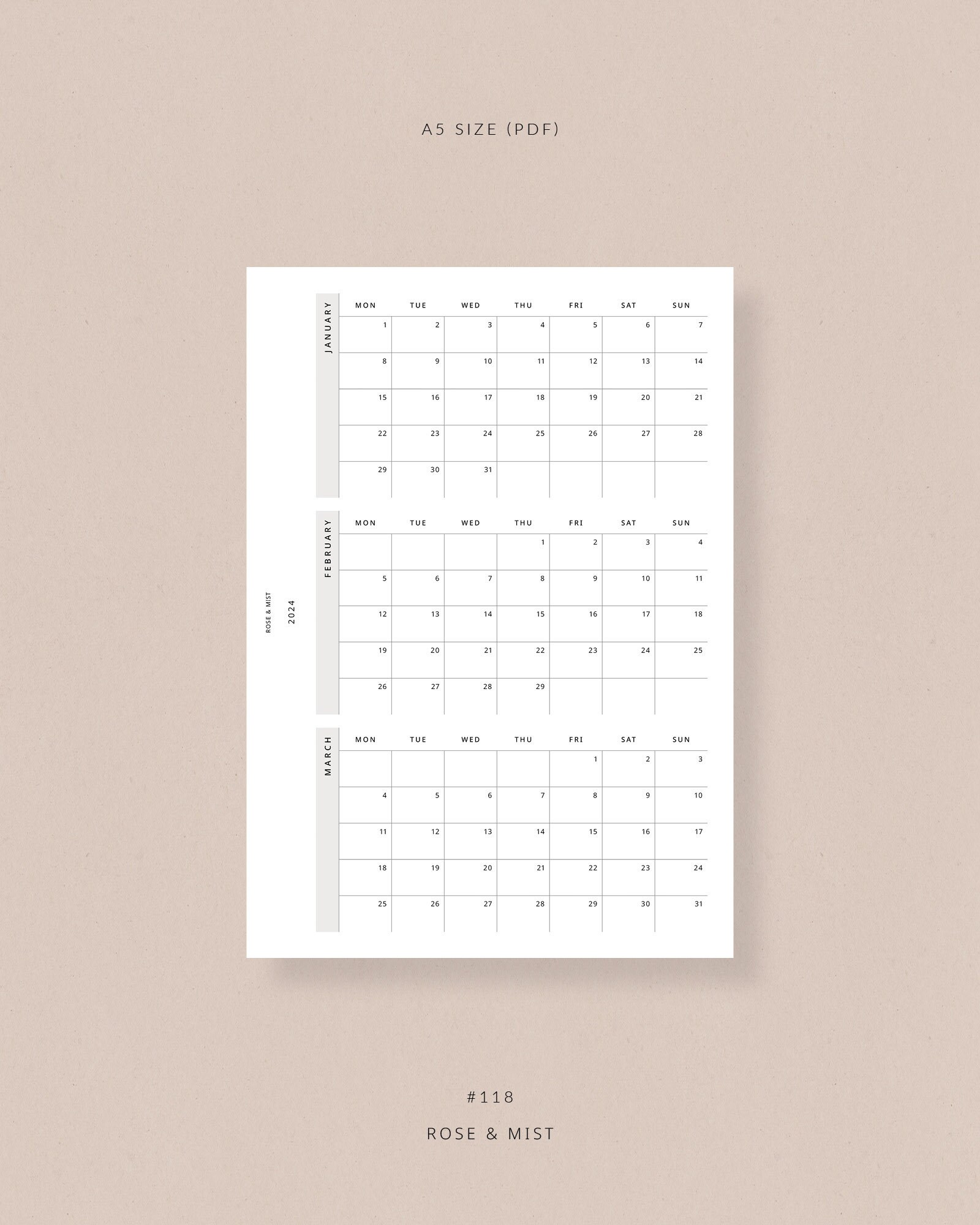 2024 Calendar, A5 Printable Planner Dated 2024 Planner, Calendar Year ...