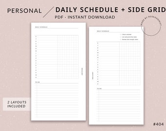 May include: A printable daily schedule planner with a side grid for to-do lists. The planner has two layouts, one with a grid and one with a list. The planner is in black and white and has the text "DAILY SCHEDULE" at the top.
