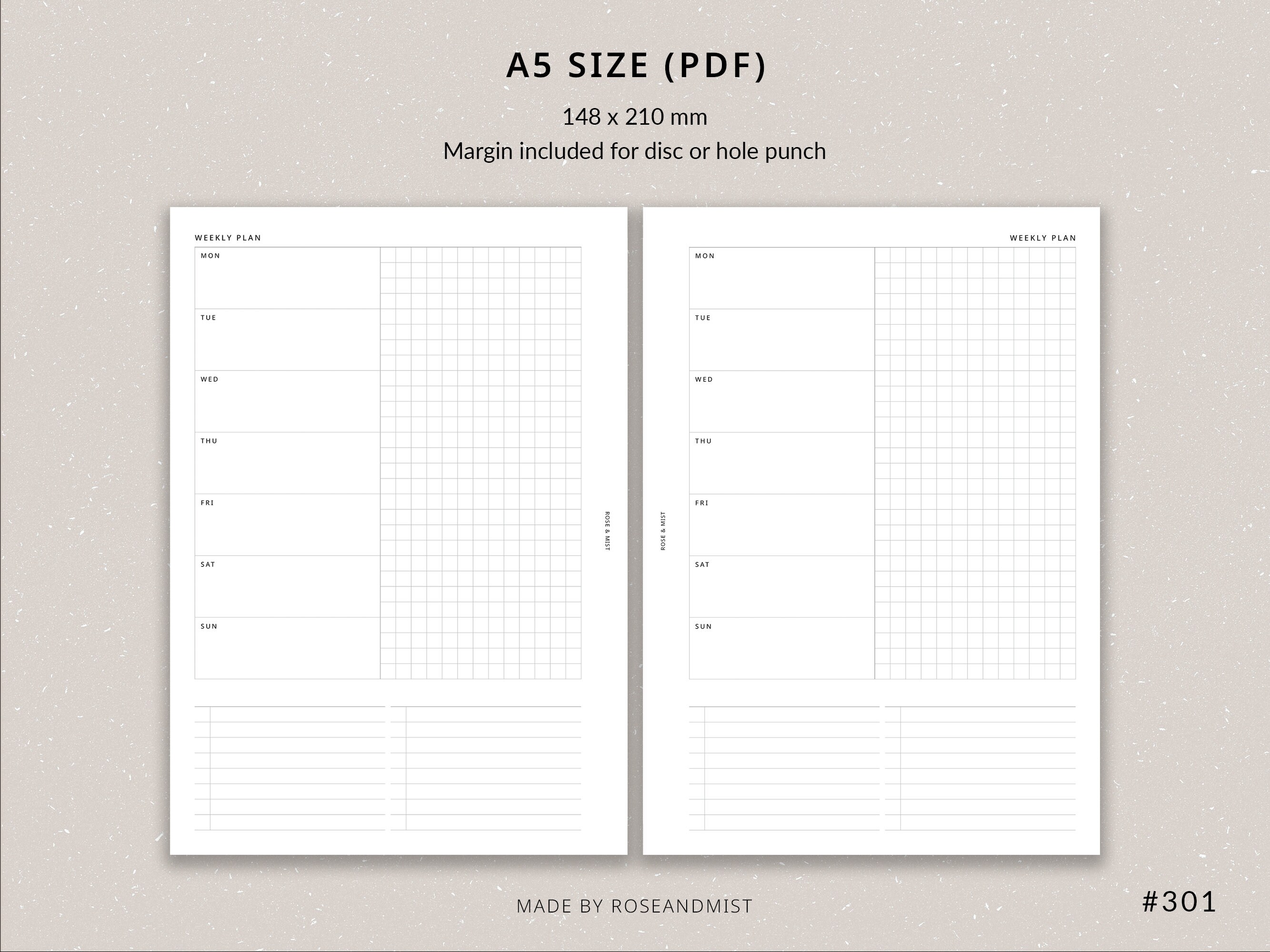 Undated Weekly Planner WO1P | A5 Planner Printable - Weekly Spread, A5 ...