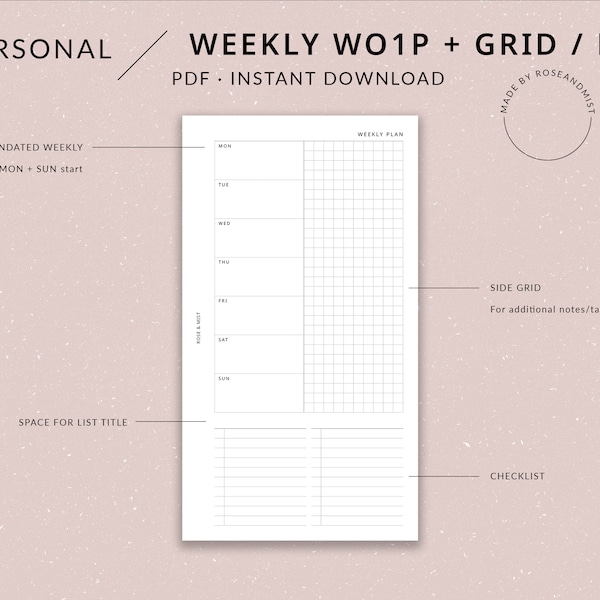 Undated Weekly Planner WO1P | Personal Printable Planner - Weekly one page, Checklist, Grid, Personal planner inserts, Filofax personal