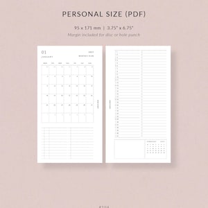 May include: A white planner insert with a monthly calendar for January 2023 and a to-do list. The insert is labeled "Personal Size (PDF)" and measures 3.75" x 6.75". The text "Rose & Mist" and the number "#104" are at the bottom.