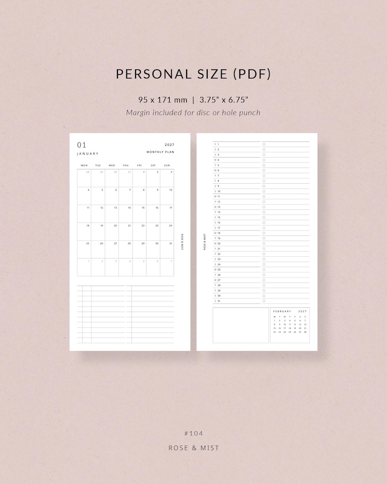 May include: A white planner insert with a monthly calendar for January 2023 and a to-do list. The insert is labeled "Personal Size (PDF)" and measures 3.75" x 6.75". The text "Rose & Mist" and the number "#104" are at the bottom.