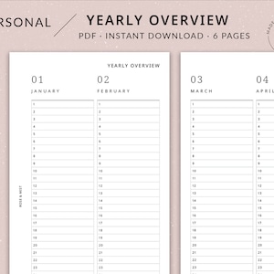 Può includere: Un planner PDF stampabile con una panoramica annuale da gennaio ad aprile. Il planner è progettato con un'estetica semplice e minimalista e include un elenco numerato per ogni mese.