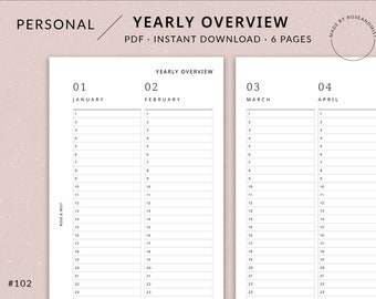 Yearly Overview | Personal Printable Planner - Minimal Yearly Planner Printable, Year at a glance, Filofax Personal, Personal planner insert