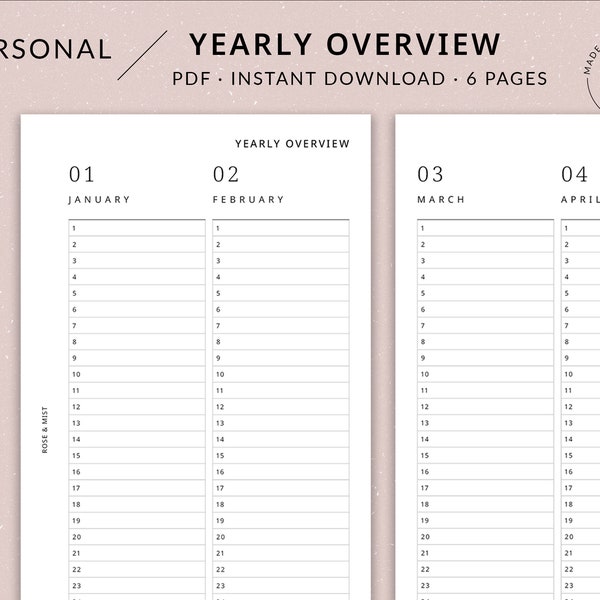 Yearly Overview | Personal Printable Planner - Minimal Yearly Planner Printable, Year at a glance, Filofax Personal, Personal planner insert