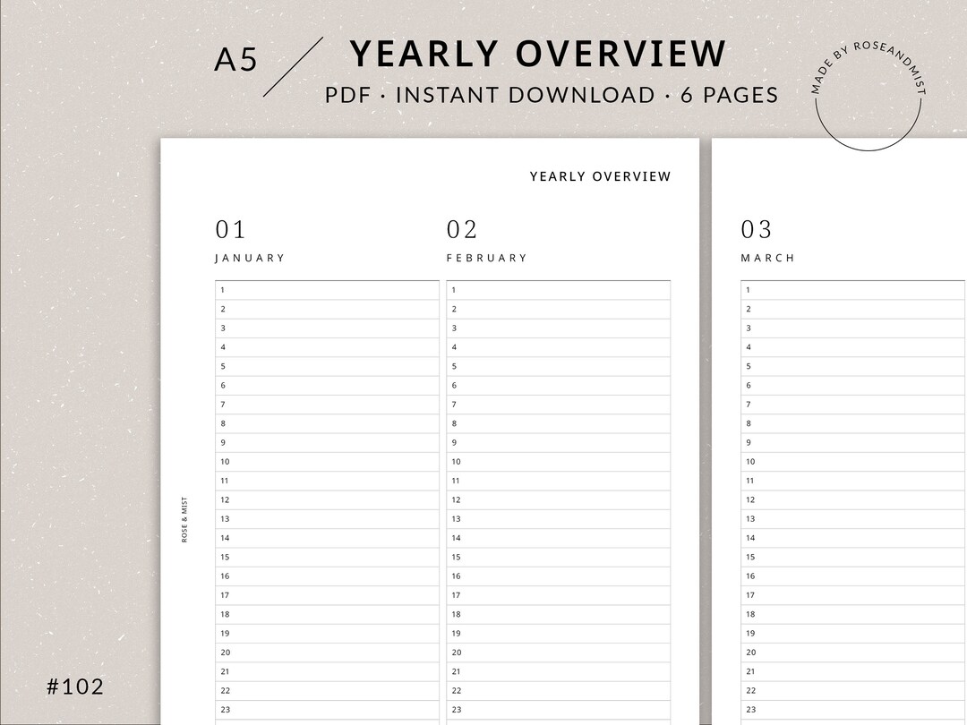 Minimal Yearly Planner Printable | A5 - Perpetual Calendar, Year at a ...