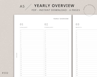Minimal Yearly Planner Printable | A5 - Perpetual calendar, Year at a glance, Yearly overview, Future log, A5 planner inserts