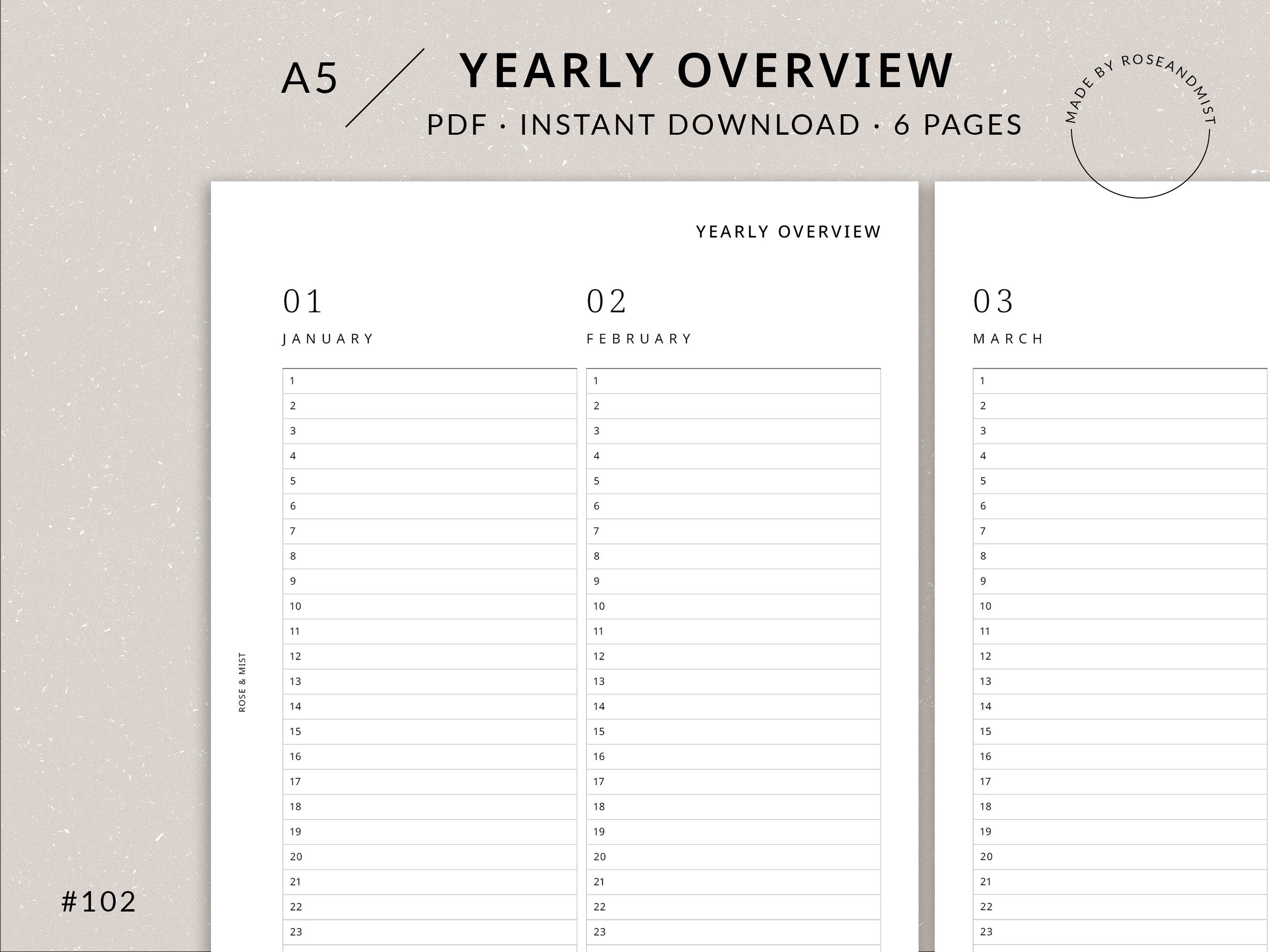 Minimal Yearly Planner Printable | A5 - Perpetual Calendar, Year at a ...
