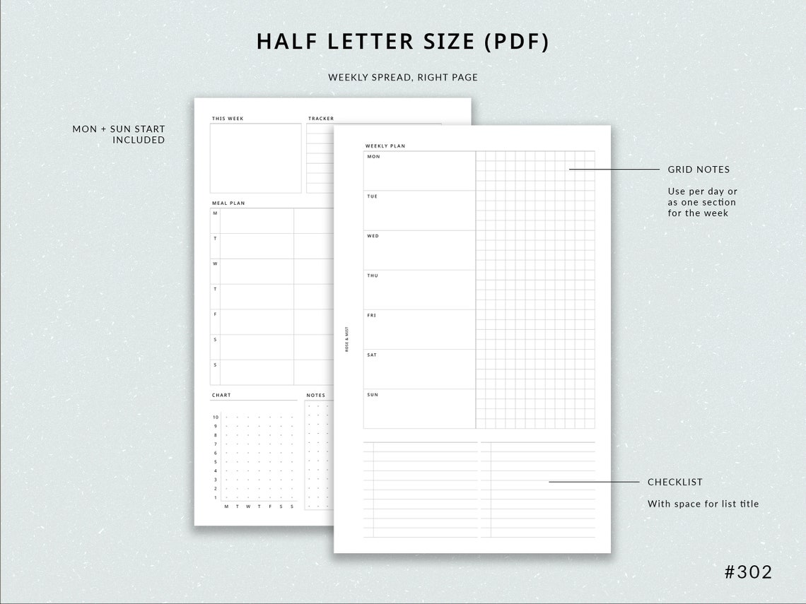 Weekly Planner + Meal Planner WO2P | Half Letter Printable Planner ...